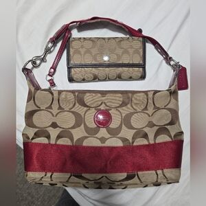 COACH F17434 LOGO Canvas Hobo bag purse brown dark red accents And Wallet